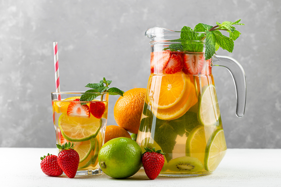 Water flavored with fresh summer fruit.